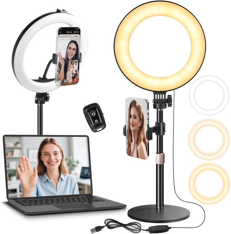 MACTREM 10“ Desk Ring Light with Stand, Desktop LED Circle Halo Light with Phone Holder for Computer Zoom Meeting, Laptop Light for Conference Video Calls, Live Streaming, Podcast, Selfie, Makeup - Image 1
